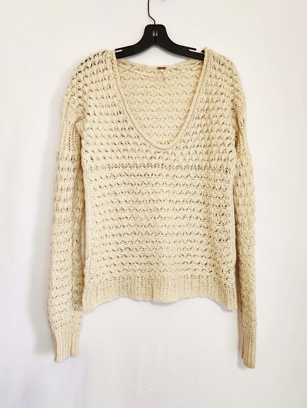 Free People Wool Blend Chunky Open Knit Sweater Cream XS Baggy Boho Cottagecore